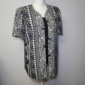 L L Martin Blouse Shoulder Pads Vintage Womens 12 Black White Geometric Swirl‎